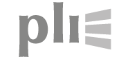Logotipo de la Plataforma por la Libertad de Información, formado por sus siglas con tres barras grises a la derecha ampliándose hacia afuera.