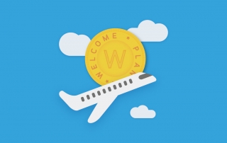 Ilustración con el sello Wellcome Plan de Connectors Plus con un avión y nubes alrededor